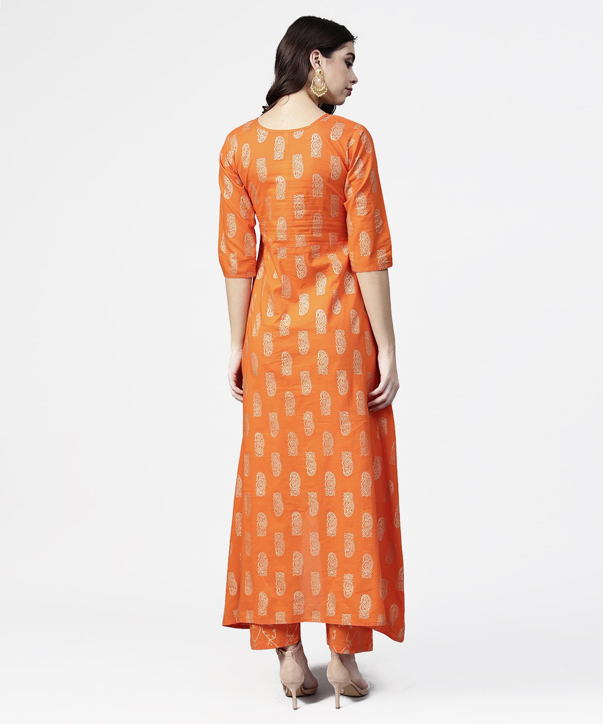 Orange Printed 3/4Th Sleeve Assymetric Kurta With Ankle Length Pant | LASVINI - Redefining Indian Fashion with Elegance