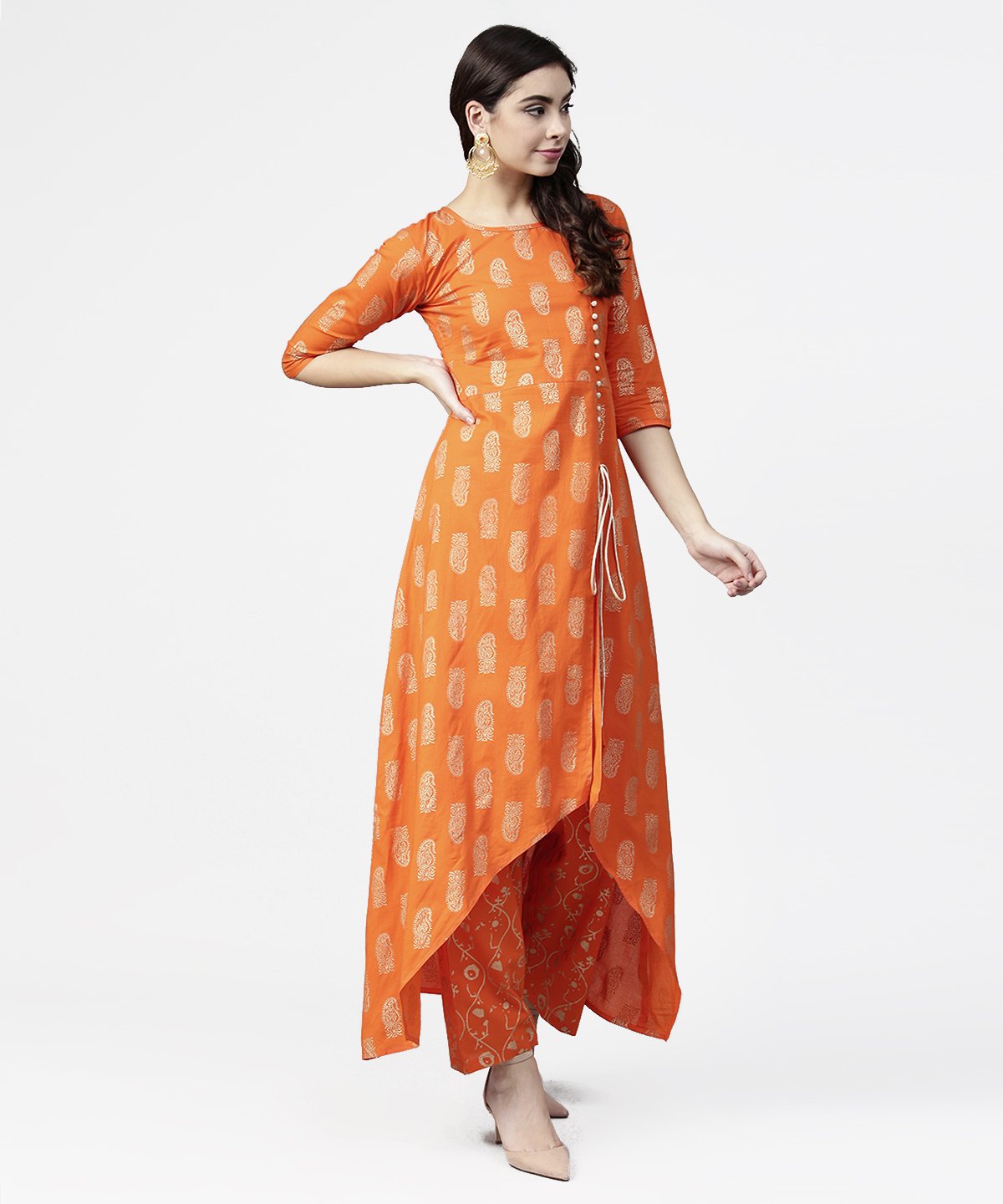 Orange Printed 3/4Th Sleeve Assymetric Kurta With Ankle Length Pant | LASVINI - Redefining Indian Fashion with Elegance
