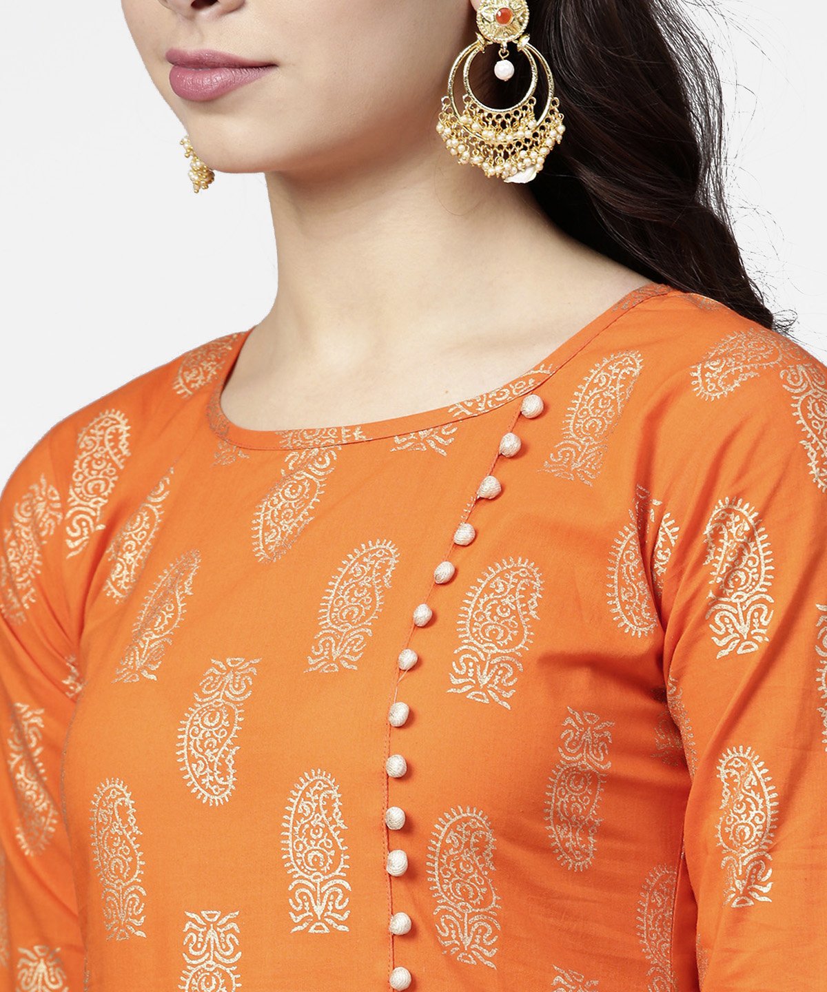 Orange Printed 3/4Th Sleeve Assymetric Kurta With Ankle Length Pant | LASVINI - Redefining Indian Fashion with Elegance