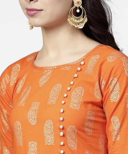 Orange Printed 3/4Th Sleeve Assymetric Kurta With Ankle Length Pant | LASVINI - Redefining Indian Fashion with Elegance