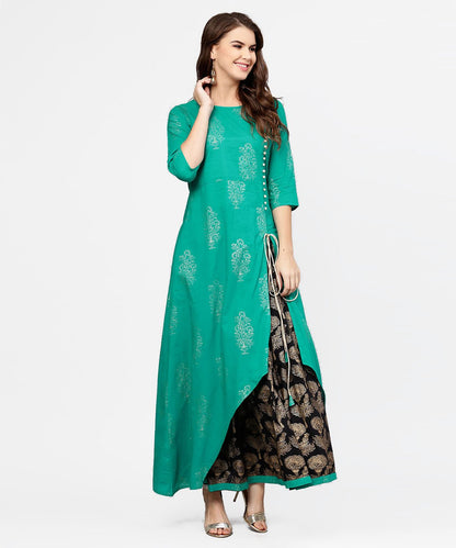 Green 3/4Th Sleeve Cotton Assymetric Kurta With Black Printed Skirt | LASVINI - Redefining Indian Fashion with Elegance