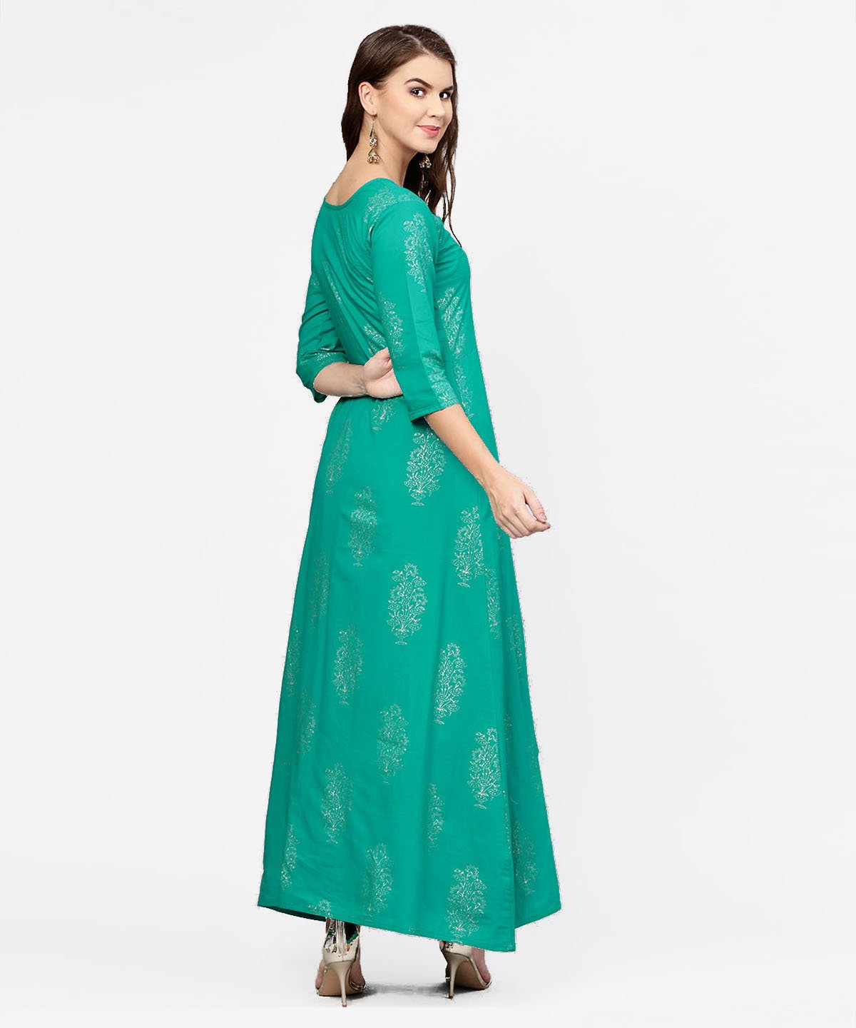 Green 3/4Th Sleeve Cotton Assymetric Kurta With Black Printed Skirt | LASVINI - Redefining Indian Fashion with Elegance