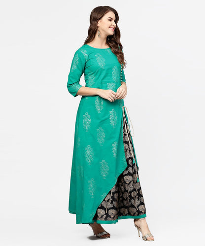 Green 3/4Th Sleeve Cotton Assymetric Kurta With Black Printed Skirt | LASVINI - Redefining Indian Fashion with Elegance