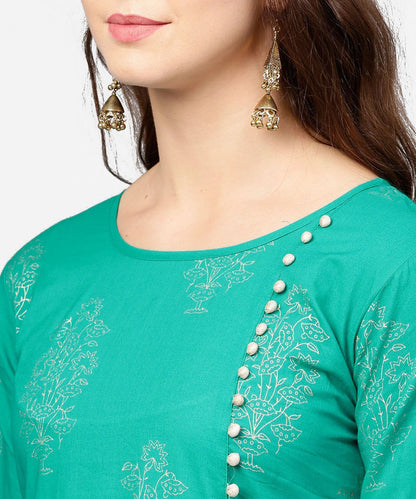 Green 3/4Th Sleeve Cotton Assymetric Kurta With Black Printed Skirt | LASVINI - Redefining Indian Fashion with Elegance