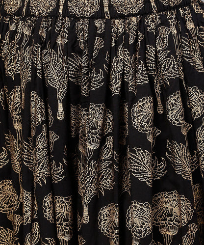 Green 3/4Th Sleeve Cotton Assymetric Kurta With Black Printed Skirt | LASVINI - Redefining Indian Fashion with Elegance