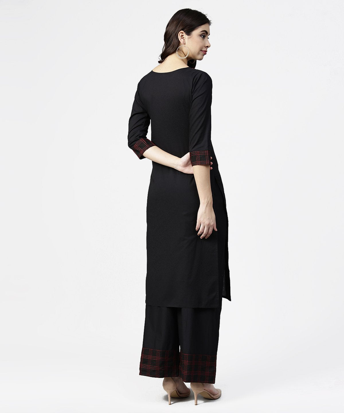 Black 3/4Th Sleeve Yoke Printed Kurta With Ankle Length Pallazo | LASVINI - Redefining Indian Fashion with Elegance
