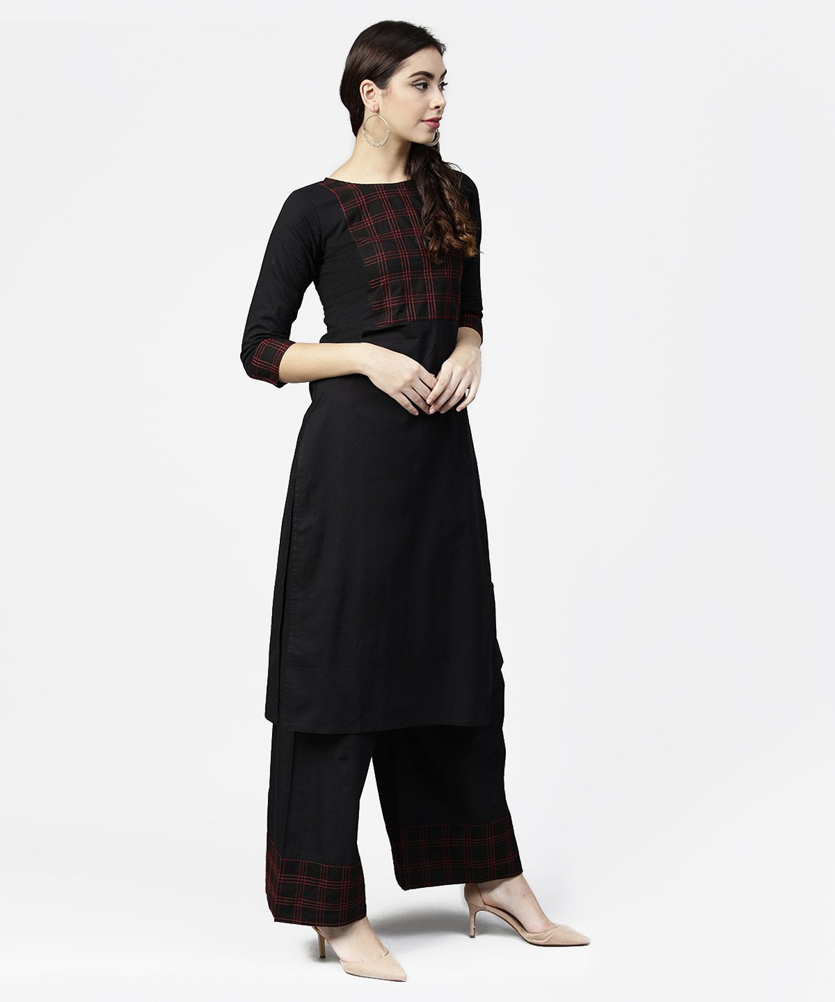 Black 3/4Th Sleeve Yoke Printed Kurta With Ankle Length Pallazo | LASVINI - Redefining Indian Fashion with Elegance