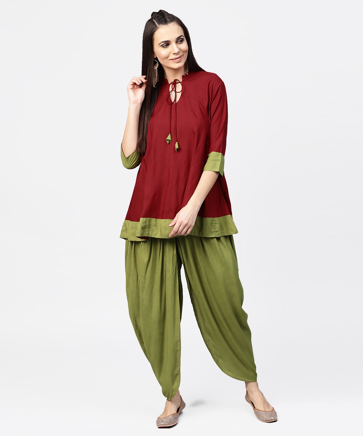 Maroon 3/4Th Sleeve Rayon Tunic With Printed Border | LASVINI - Redefining Indian Fashion with Elegance