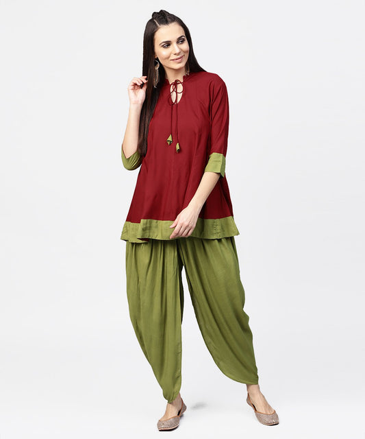 Maroon 3/4Th Sleeve Rayon Tunic With Printed Border | LASVINI - Redefining Indian Fashion with Elegance