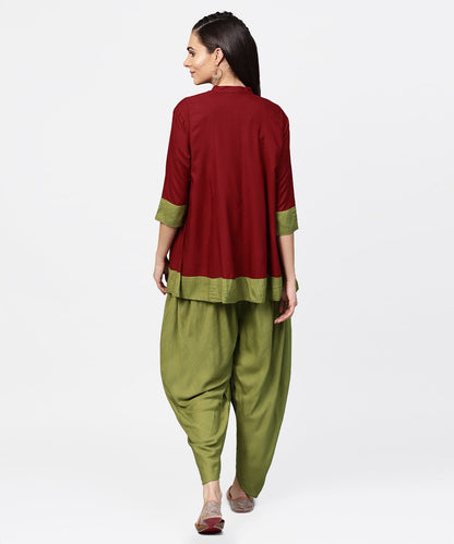 Maroon 3/4Th Sleeve Rayon Tunic With Printed Border | LASVINI - Redefining Indian Fashion with Elegance