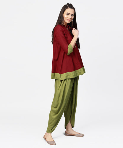 Maroon 3/4Th Sleeve Rayon Tunic With Printed Border | LASVINI - Redefining Indian Fashion with Elegance