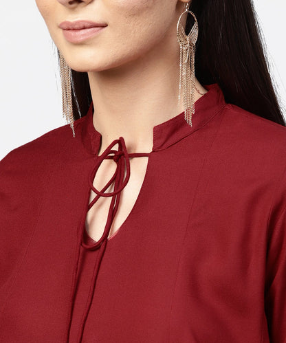 Maroon 3/4Th Sleeve Rayon Tunic With Printed Border | LASVINI - Redefining Indian Fashion with Elegance