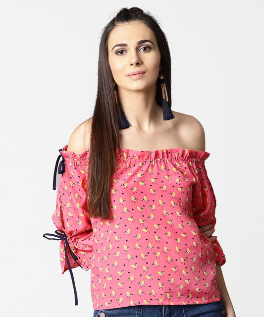 Pink Printed Half Sleeve Top With Adjustable Drawstrings Neckline | LASVINI - Redefining Indian Fashion with Elegance