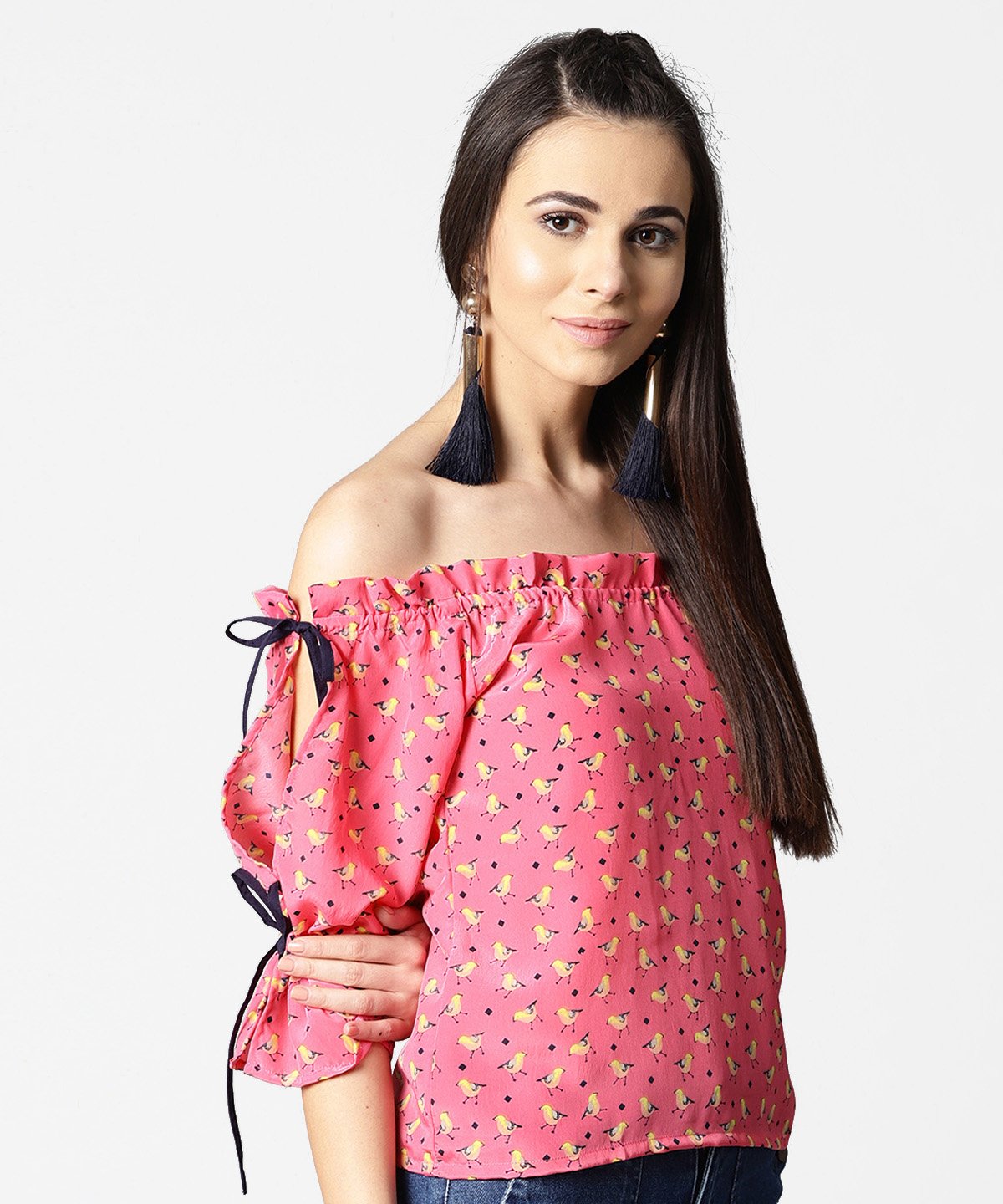 Pink Printed Half Sleeve Top With Adjustable Drawstrings Neckline | LASVINI - Redefining Indian Fashion with Elegance