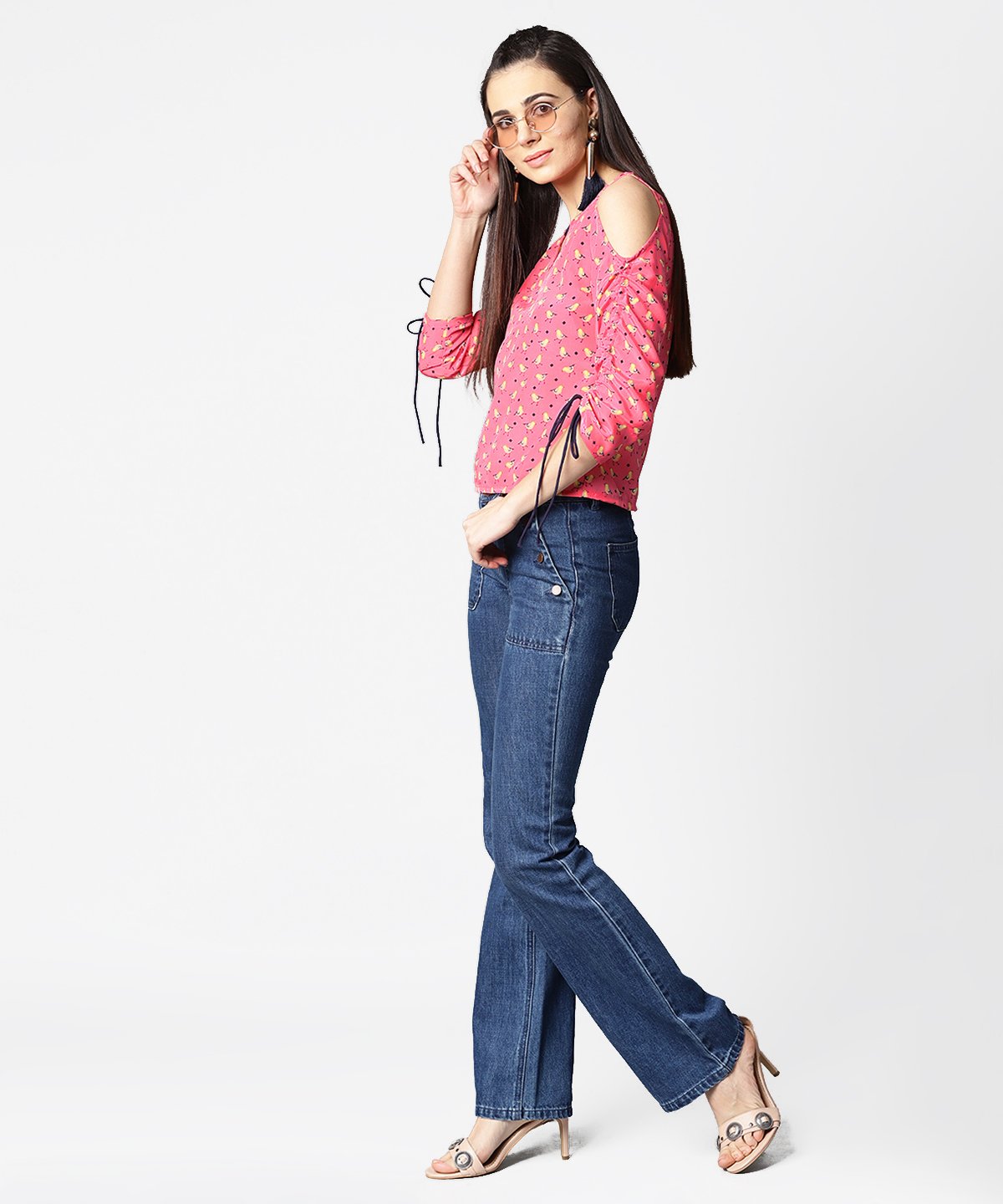 Pink Printed Cold Shoulder Top With Key Hole Neck & Adjustable Drawstrings Gathered Sleeves | LASVINI - Redefining Indian Fashion with Elegance