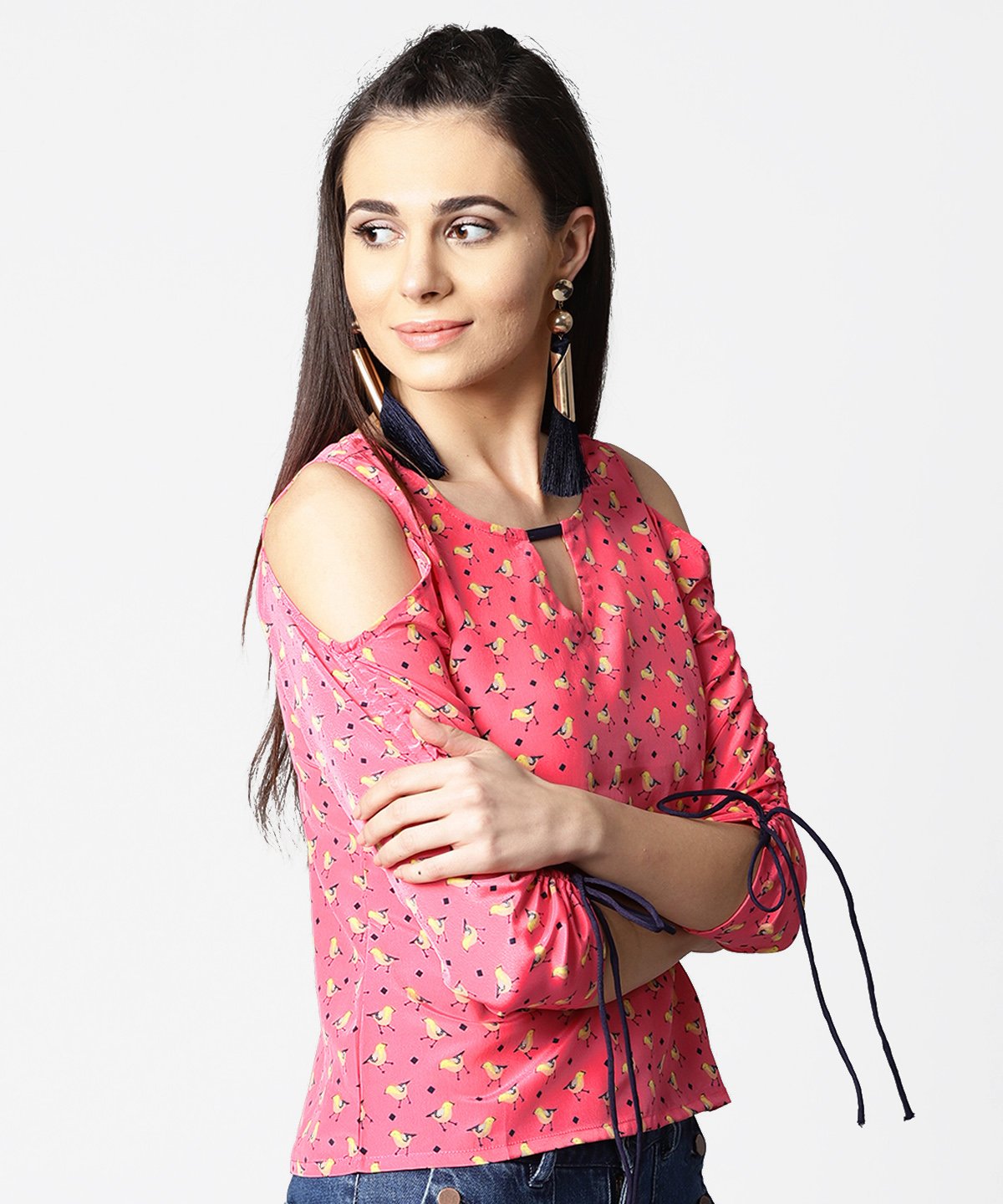 Pink Printed Cold Shoulder Top With Key Hole Neck & Adjustable Drawstrings Gathered Sleeves | LASVINI - Redefining Indian Fashion with Elegance