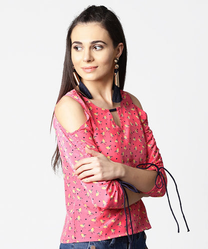 Pink Printed Cold Shoulder Top With Key Hole Neck & Adjustable Drawstrings Gathered Sleeves | LASVINI - Redefining Indian Fashion with Elegance