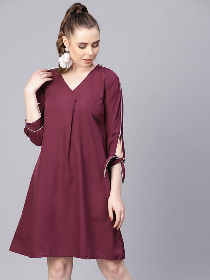 Burgundy A-Line Dress With Knot Style Sleeves | LASVINI - Redefining Indian Fashion with Elegance