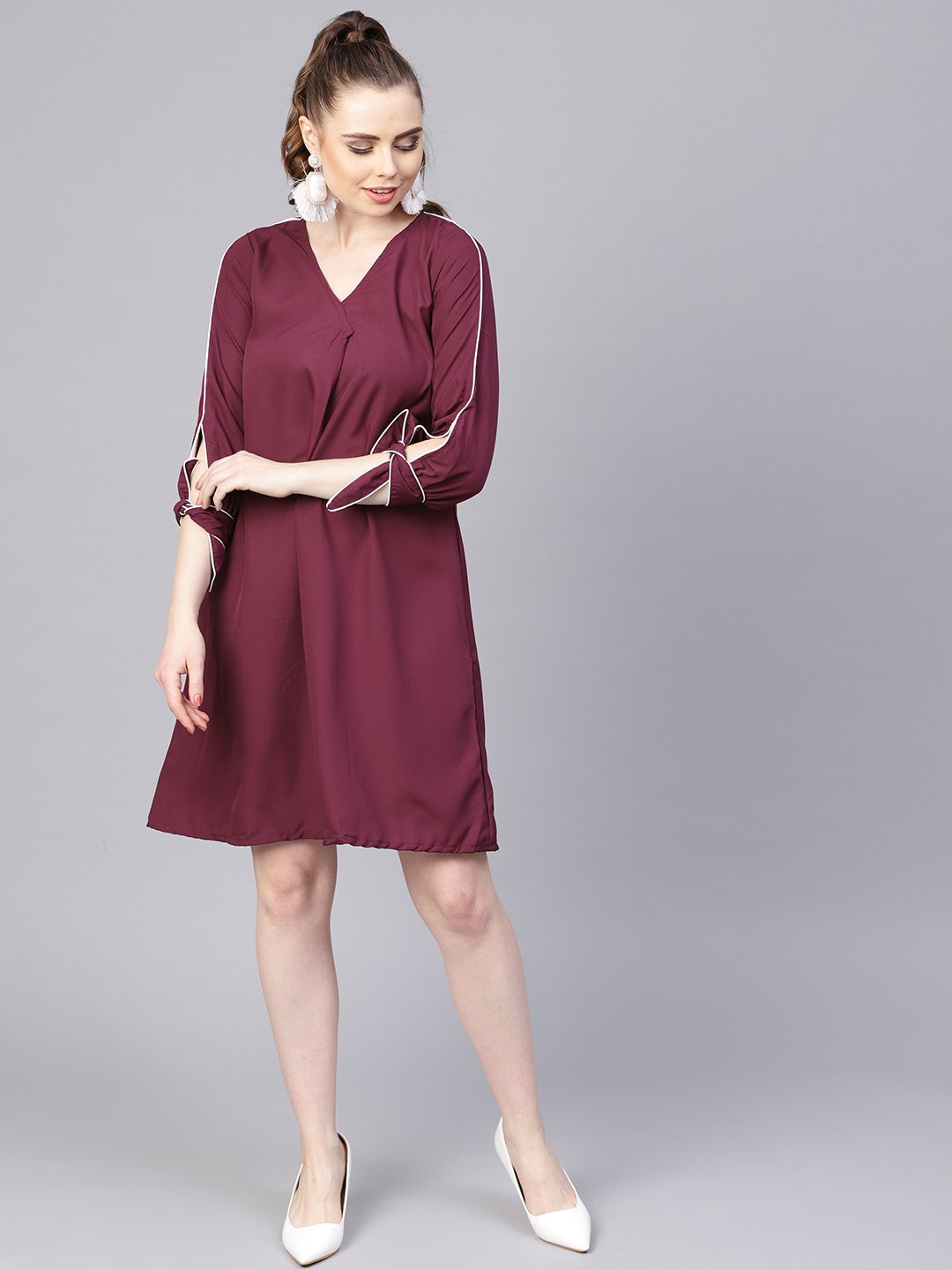 Burgundy A-Line Dress With Knot Style Sleeves | LASVINI - Redefining Indian Fashion with Elegance