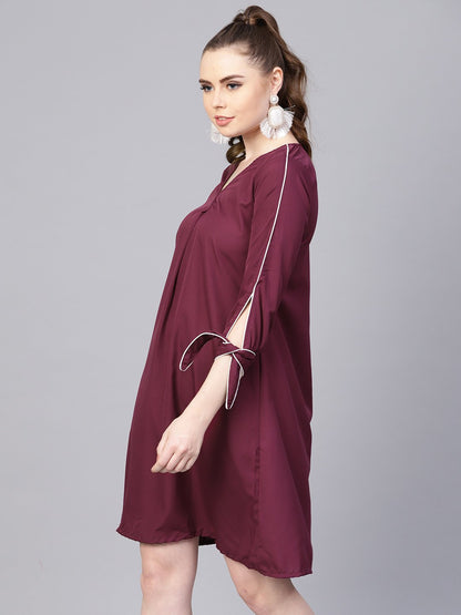 Burgundy A-Line Dress With Knot Style Sleeves | LASVINI - Redefining Indian Fashion with Elegance