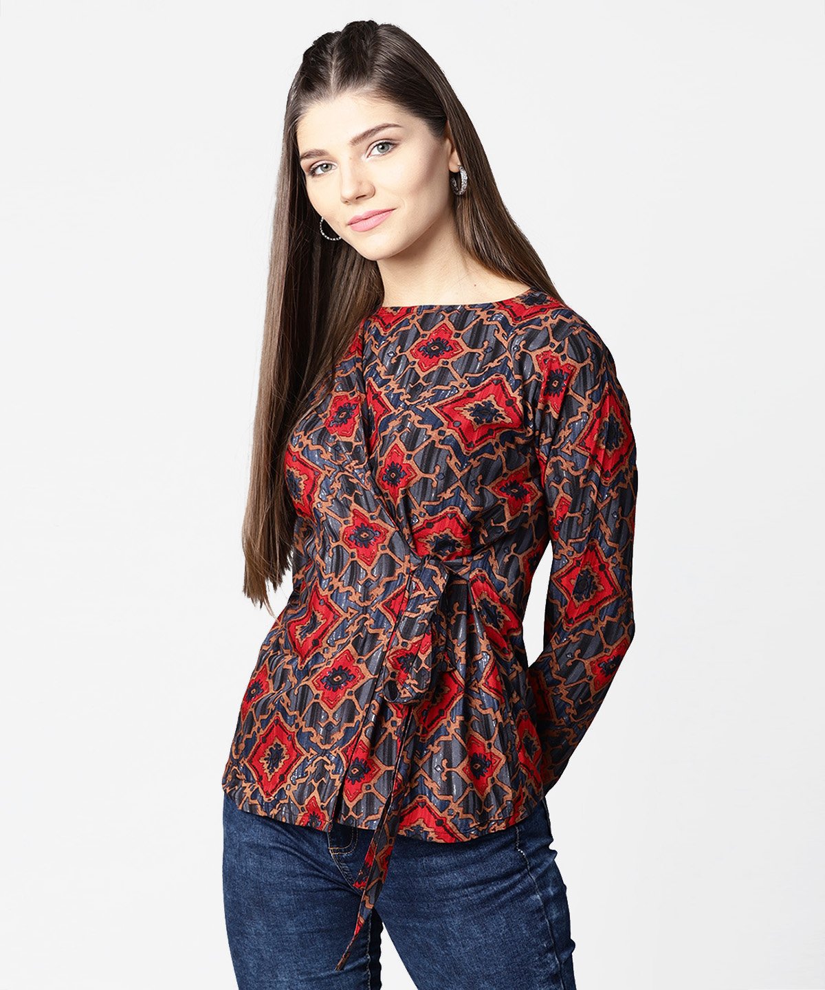 Blue & Red Printed Full Sleeve Tops | LASVINI - Redefining Indian Fashion with Elegance