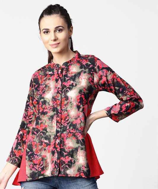 Black & Pink Printed 3/4Th Sleeve Tops With Side Gathered | LASVINI - Redefining Indian Fashion with Elegance