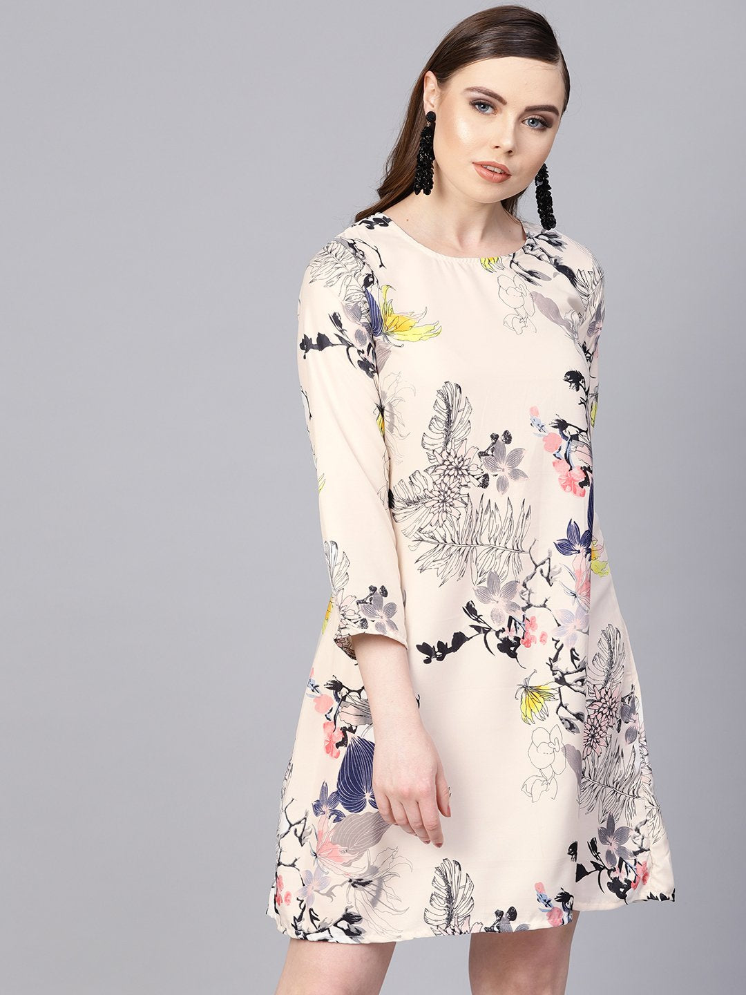 Off White Printed 3/4Th Sleeve A-Line Dress | LASVINI - Redefining Indian Fashion with Elegance