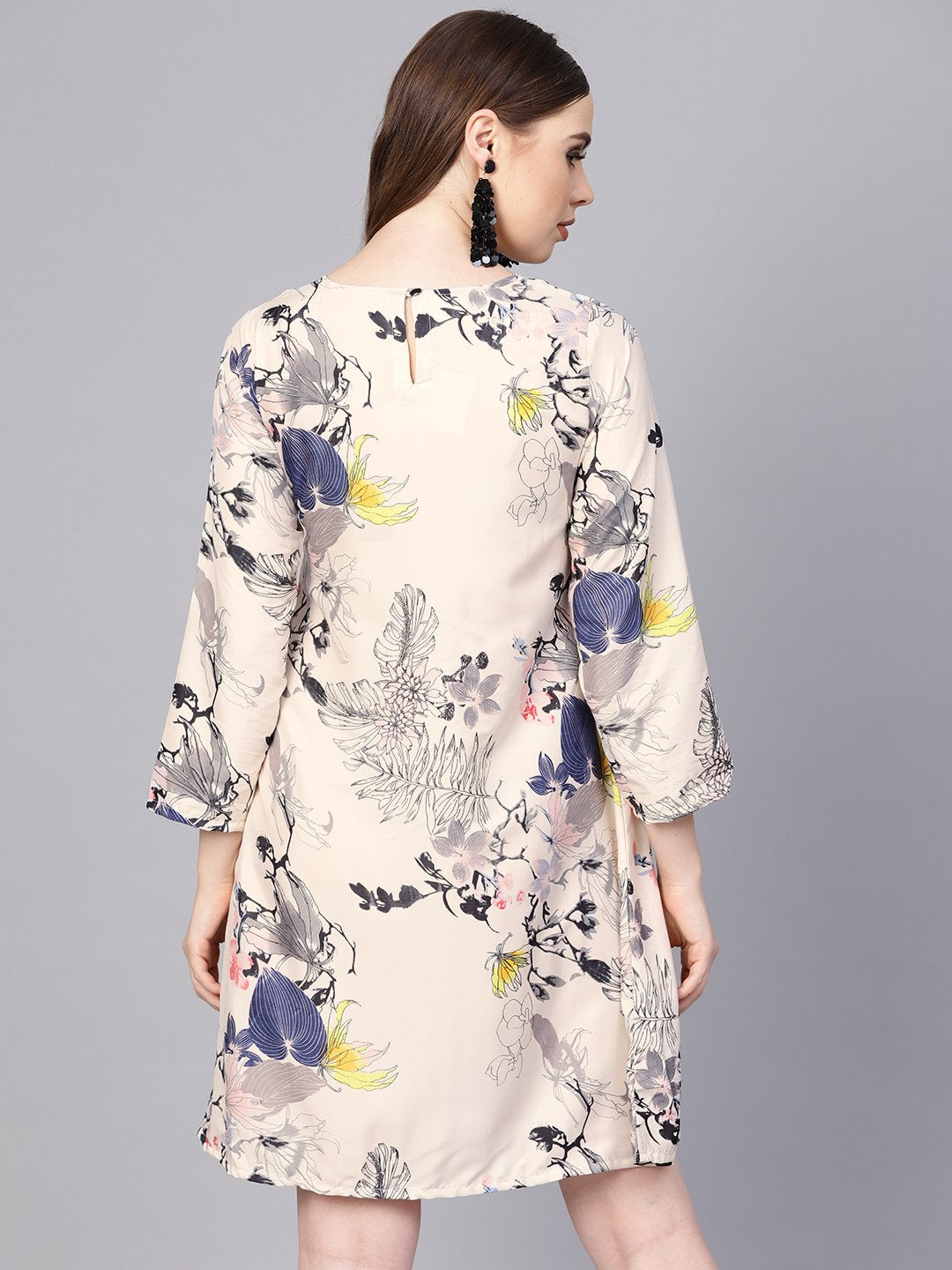 Off White Printed 3/4Th Sleeve A-Line Dress | LASVINI - Redefining Indian Fashion with Elegance