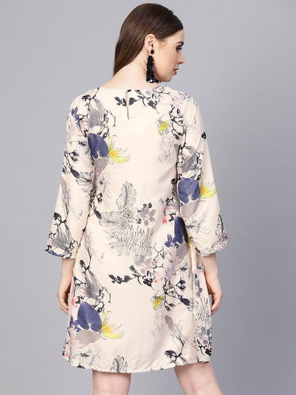 Off White Printed 3/4Th Sleeve A-Line Dress | LASVINI - Redefining Indian Fashion with Elegance