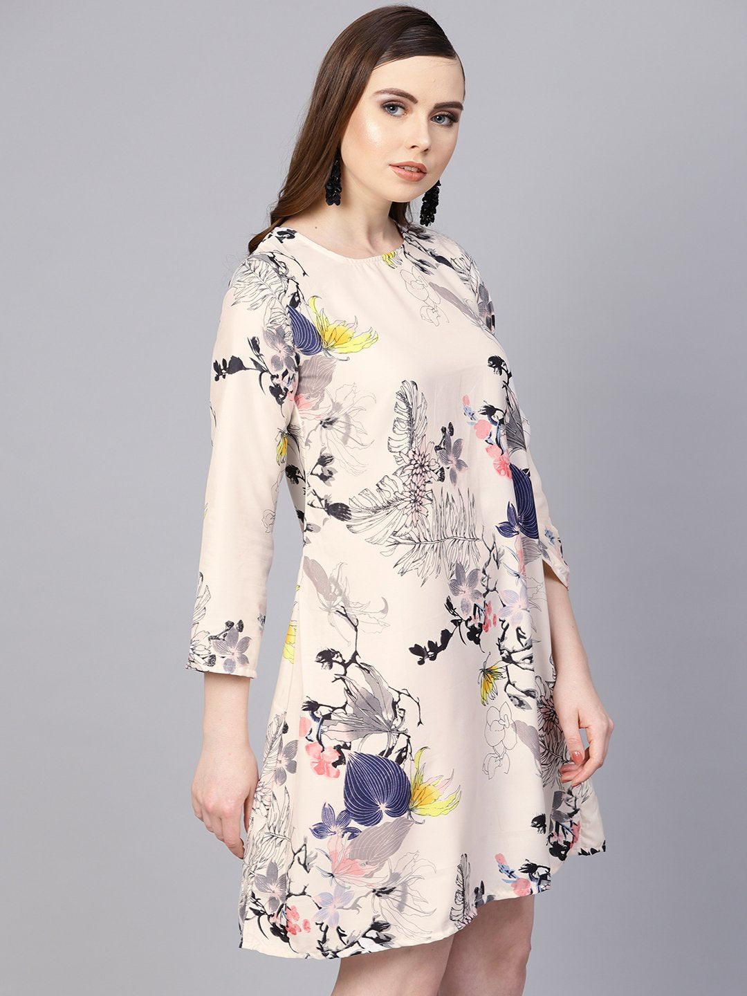 Off White Printed 3/4Th Sleeve A-Line Dress | LASVINI - Redefining Indian Fashion with Elegance
