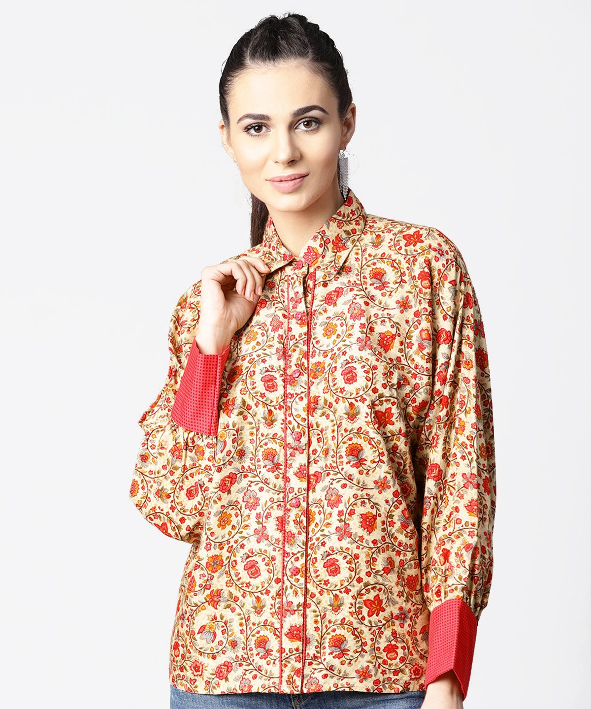 Off White & Pink Printed Full Sleeve Tops | LASVINI - Redefining Indian Fashion with Elegance