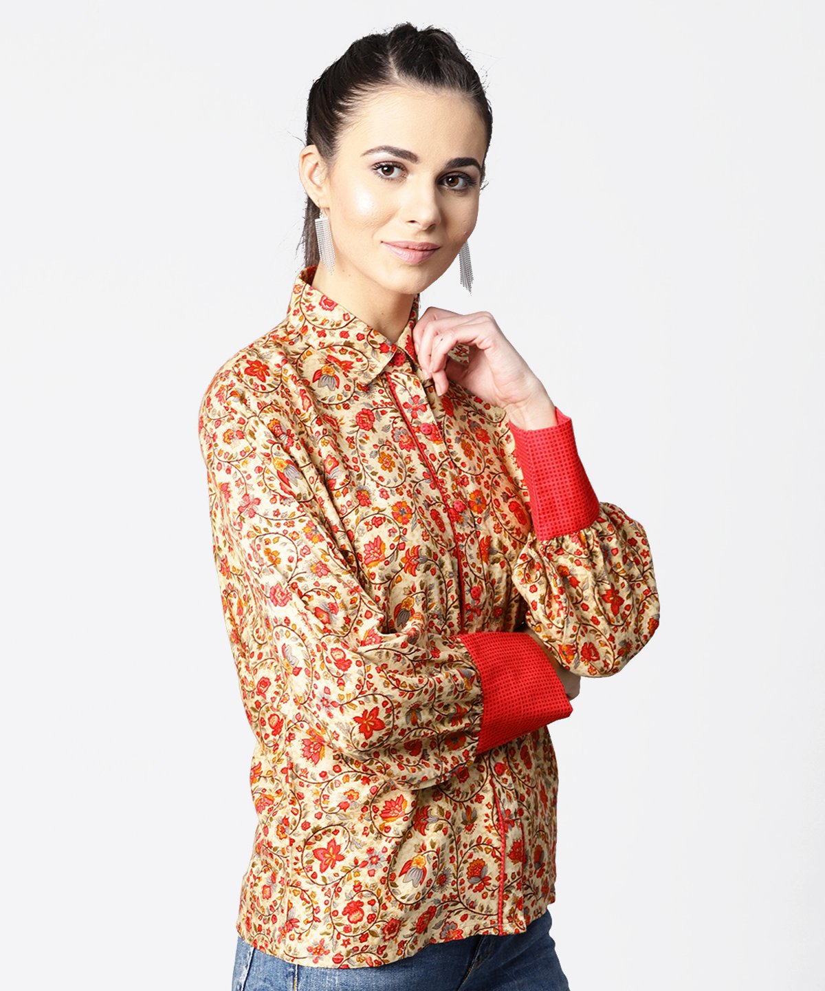 Off White & Pink Printed Full Sleeve Tops | LASVINI - Redefining Indian Fashion with Elegance