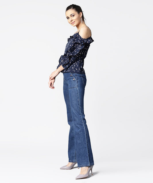 Cold Shoulder Navy Blue Printed Draw String Top With Ruffled Neck & Sleeve | LASVINI - Redefining Indian Fashion with Elegance
