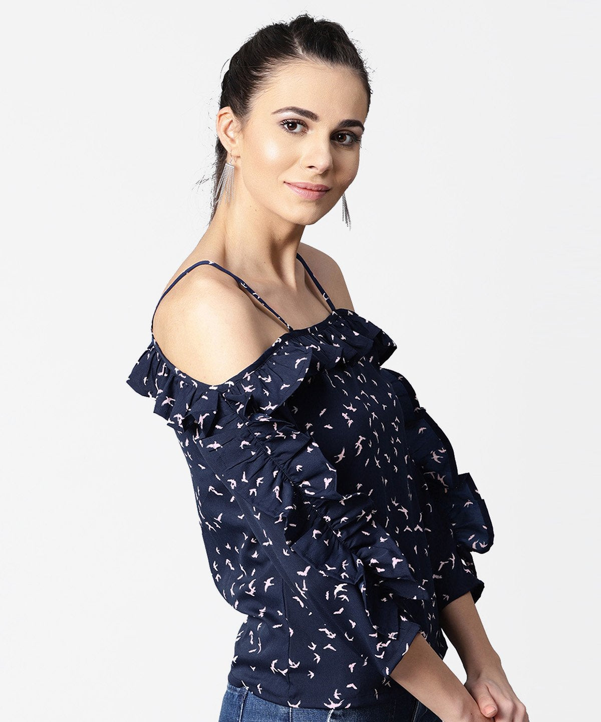 Cold Shoulder Navy Blue Printed Draw String Top With Ruffled Neck & Sleeve | LASVINI - Redefining Indian Fashion with Elegance