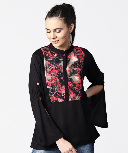 Black Full Sleeve Rayon Tops With Printed Yoke | LASVINI - Redefining Indian Fashion with Elegance