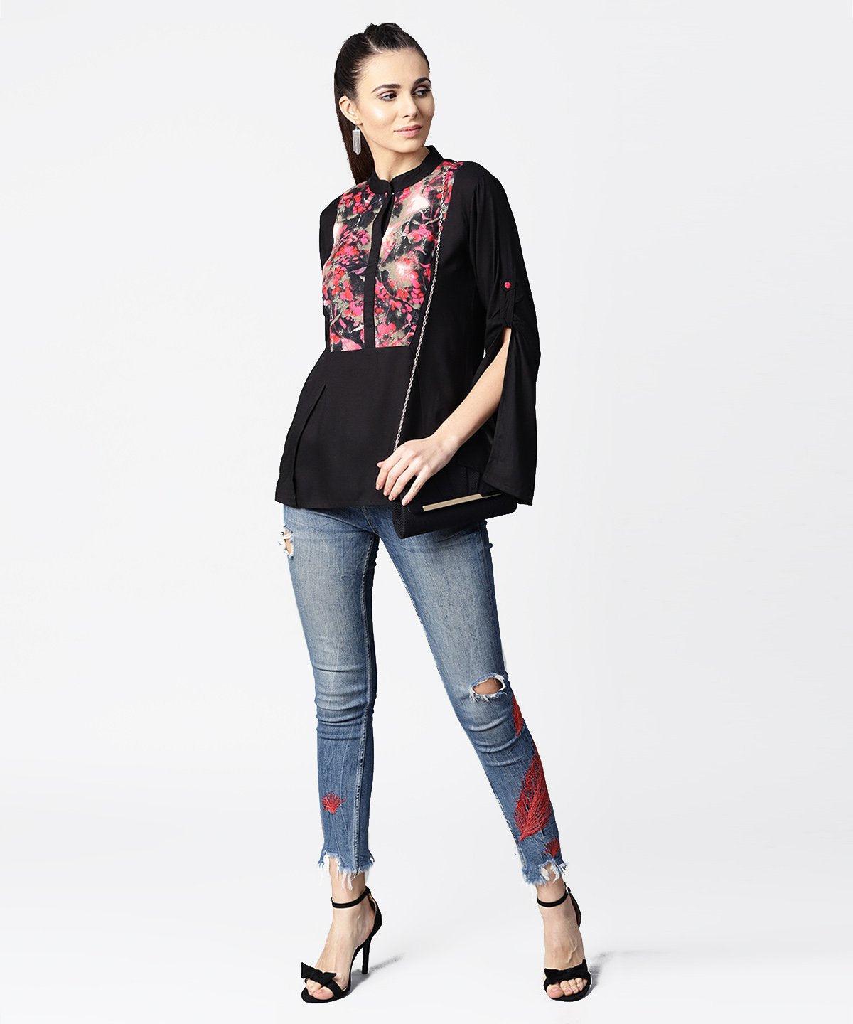 Black Full Sleeve Rayon Tops With Printed Yoke | LASVINI - Redefining Indian Fashion with Elegance