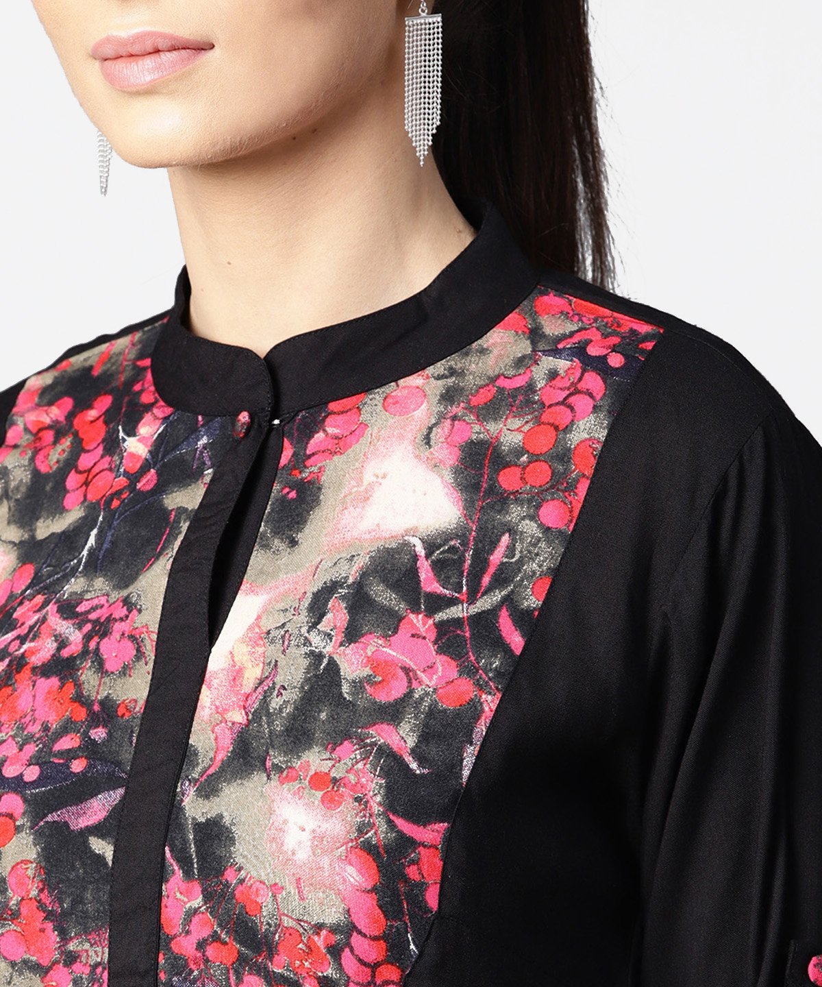 Black Full Sleeve Rayon Tops With Printed Yoke | LASVINI - Redefining Indian Fashion with Elegance