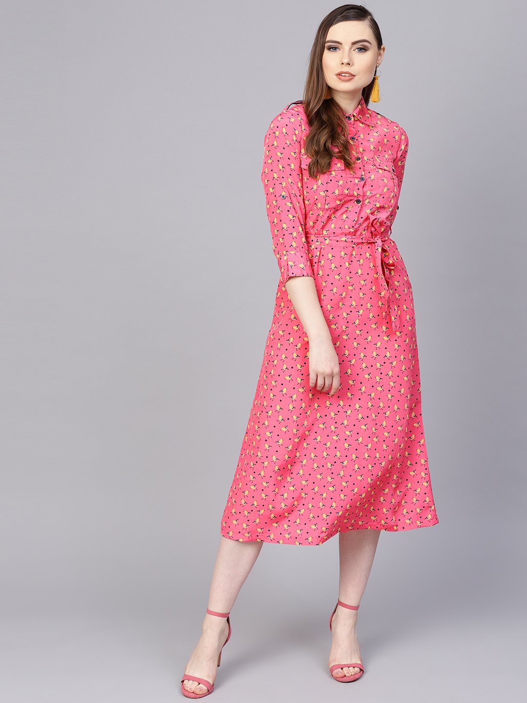 Pink 3/4Th Sleeve A-Line Dress With Belt | LASVINI - Redefining Indian Fashion with Elegance