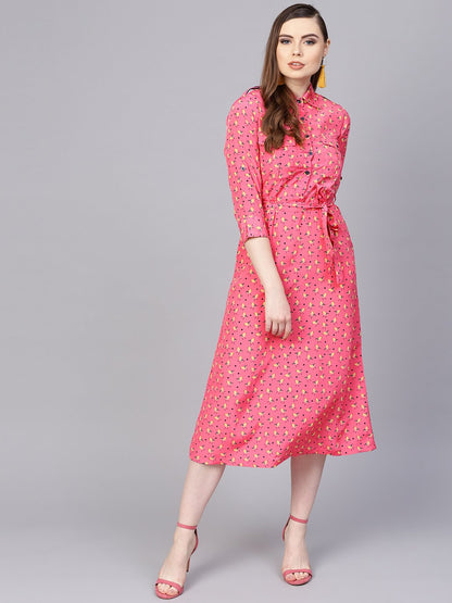 Pink 3/4Th Sleeve A-Line Dress With Belt | LASVINI - Redefining Indian Fashion with Elegance