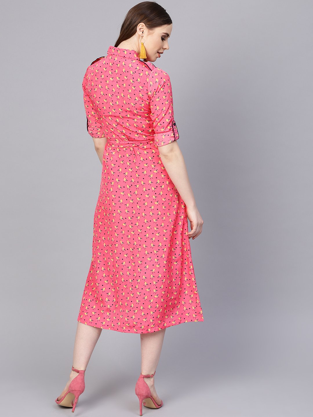 Pink 3/4Th Sleeve A-Line Dress With Belt | LASVINI - Redefining Indian Fashion with Elegance