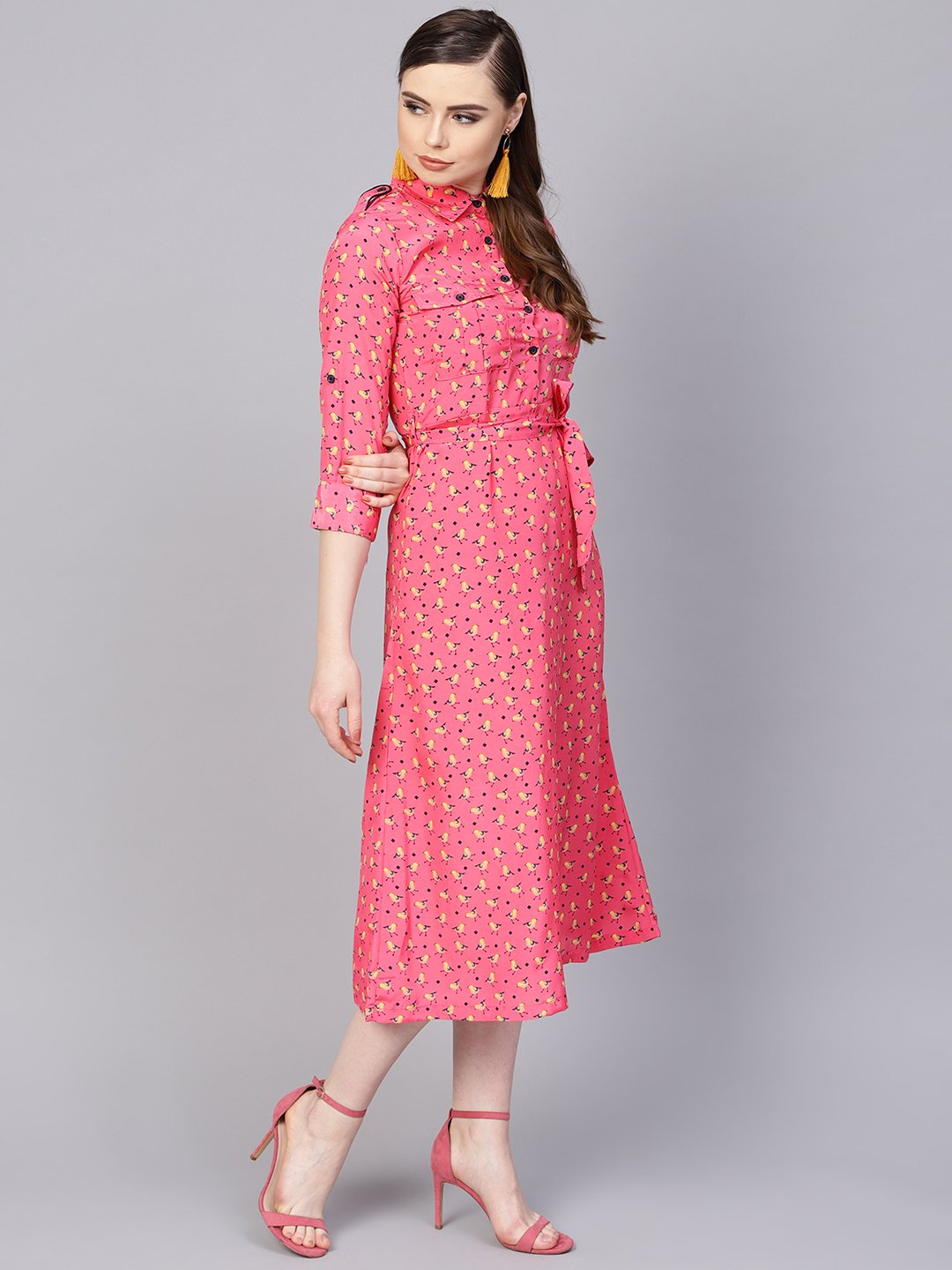 Pink 3/4Th Sleeve A-Line Dress With Belt | LASVINI - Redefining Indian Fashion with Elegance