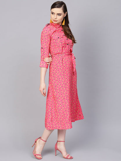 Pink 3/4Th Sleeve A-Line Dress With Belt | LASVINI - Redefining Indian Fashion with Elegance