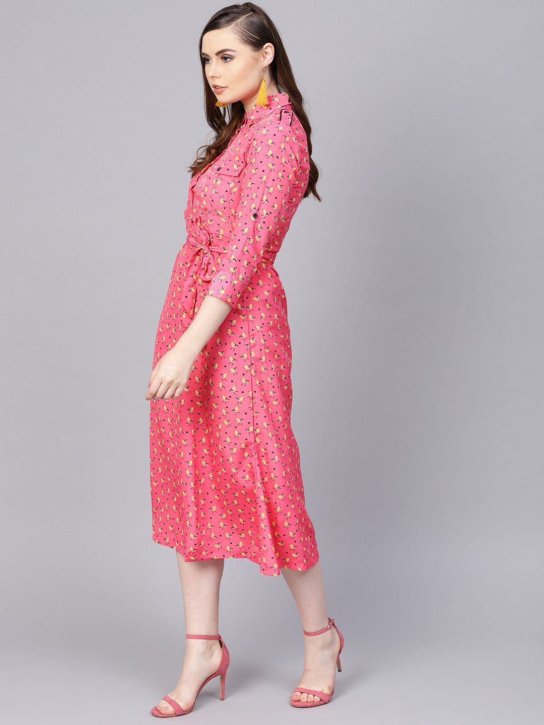 Pink 3/4Th Sleeve A-Line Dress With Belt | LASVINI - Redefining Indian Fashion with Elegance