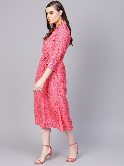 Pink 3/4Th Sleeve A-Line Dress With Belt | LASVINI - Redefining Indian Fashion with Elegance