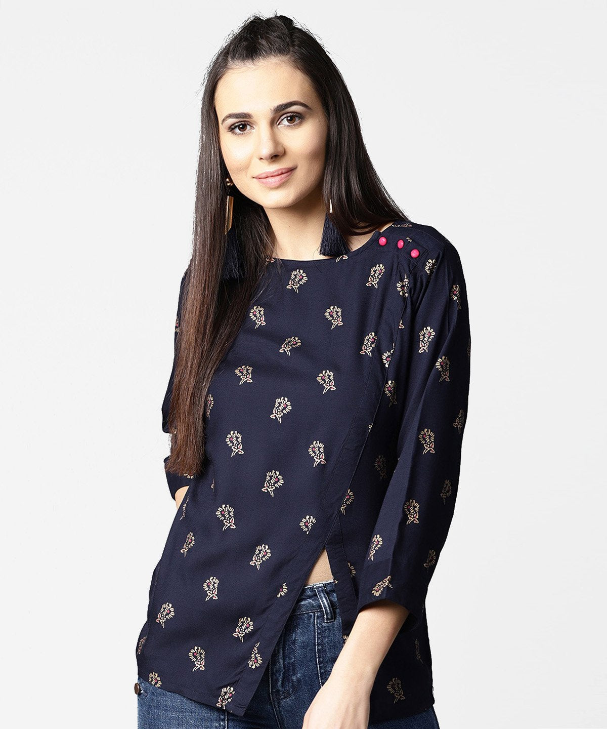 Navy Blue Full Sleeve Rayon Tops With Side Slit | LASVINI - Redefining Indian Fashion with Elegance
