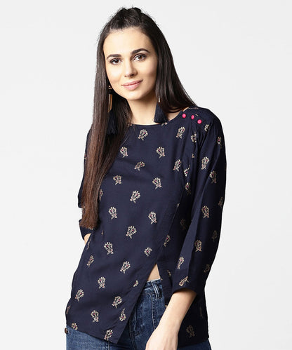 Navy Blue Full Sleeve Rayon Tops With Side Slit | LASVINI - Redefining Indian Fashion with Elegance