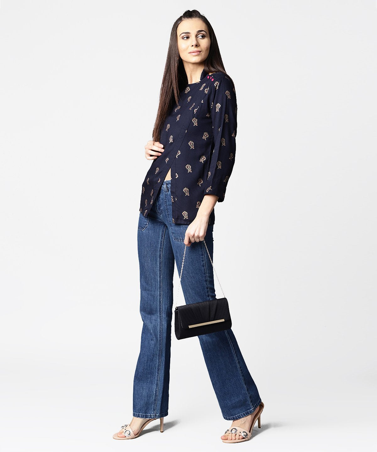 Navy Blue Full Sleeve Rayon Tops With Side Slit | LASVINI - Redefining Indian Fashion with Elegance