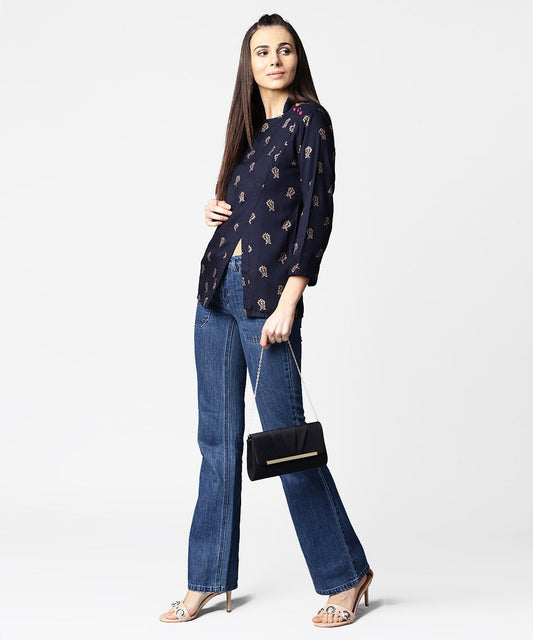 Navy Blue Full Sleeve Rayon Tops With Side Slit | LASVINI - Redefining Indian Fashion with Elegance