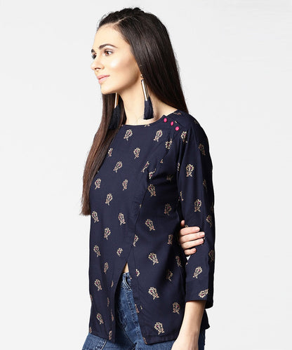 Navy Blue Full Sleeve Rayon Tops With Side Slit | LASVINI - Redefining Indian Fashion with Elegance