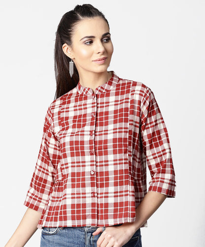 Red Checked 3/4Th Sleeve Cotton Crop Tops | LASVINI - Redefining Indian Fashion with Elegance
